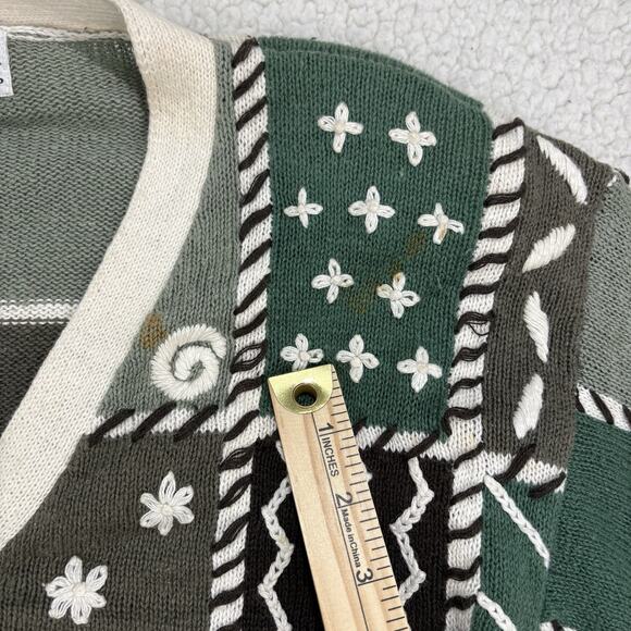 Vtg Knit Cardigan Sweater Sz M Green Check Cottage Grandma 90s Mixed Print - Picture 4 of 9